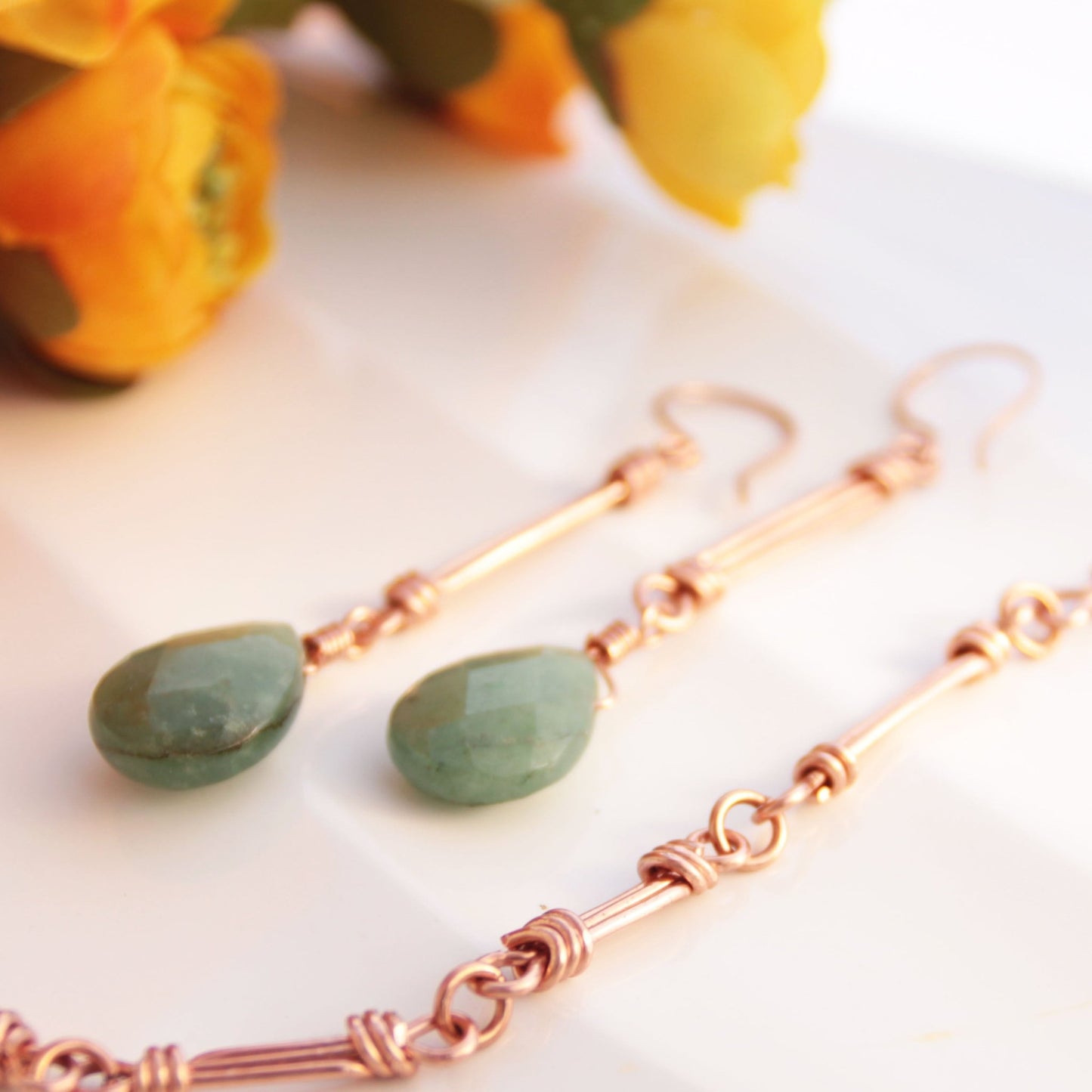 Handcrafted Copper Earrings with Faceted Aventurine Drops – Earthy and Elegant Design