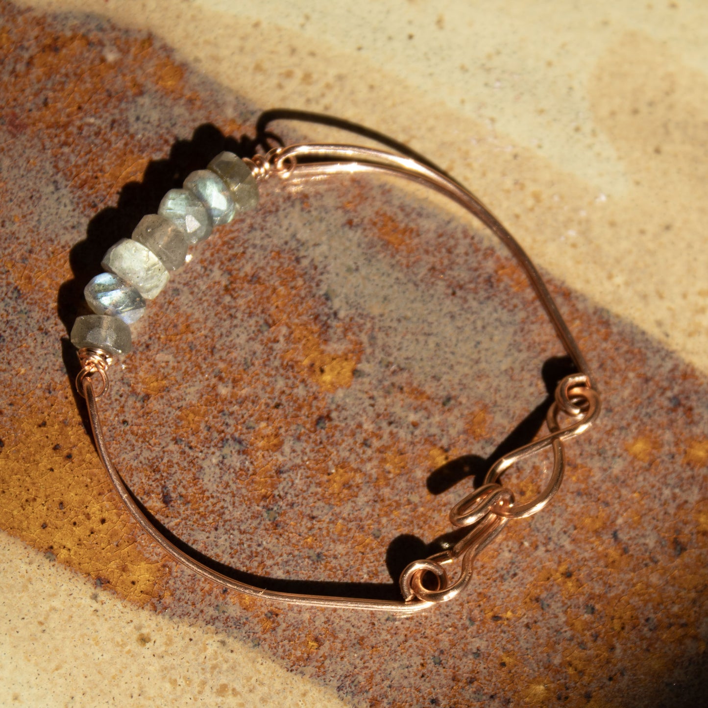 Labradorite Rondell Bangle Bar Bracelet in Copper