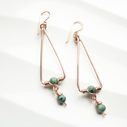 Geometric Long Earrings with Turquoise | Copper