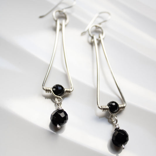 Geometric Long Earrings with Black Onyx | Sterling Silver