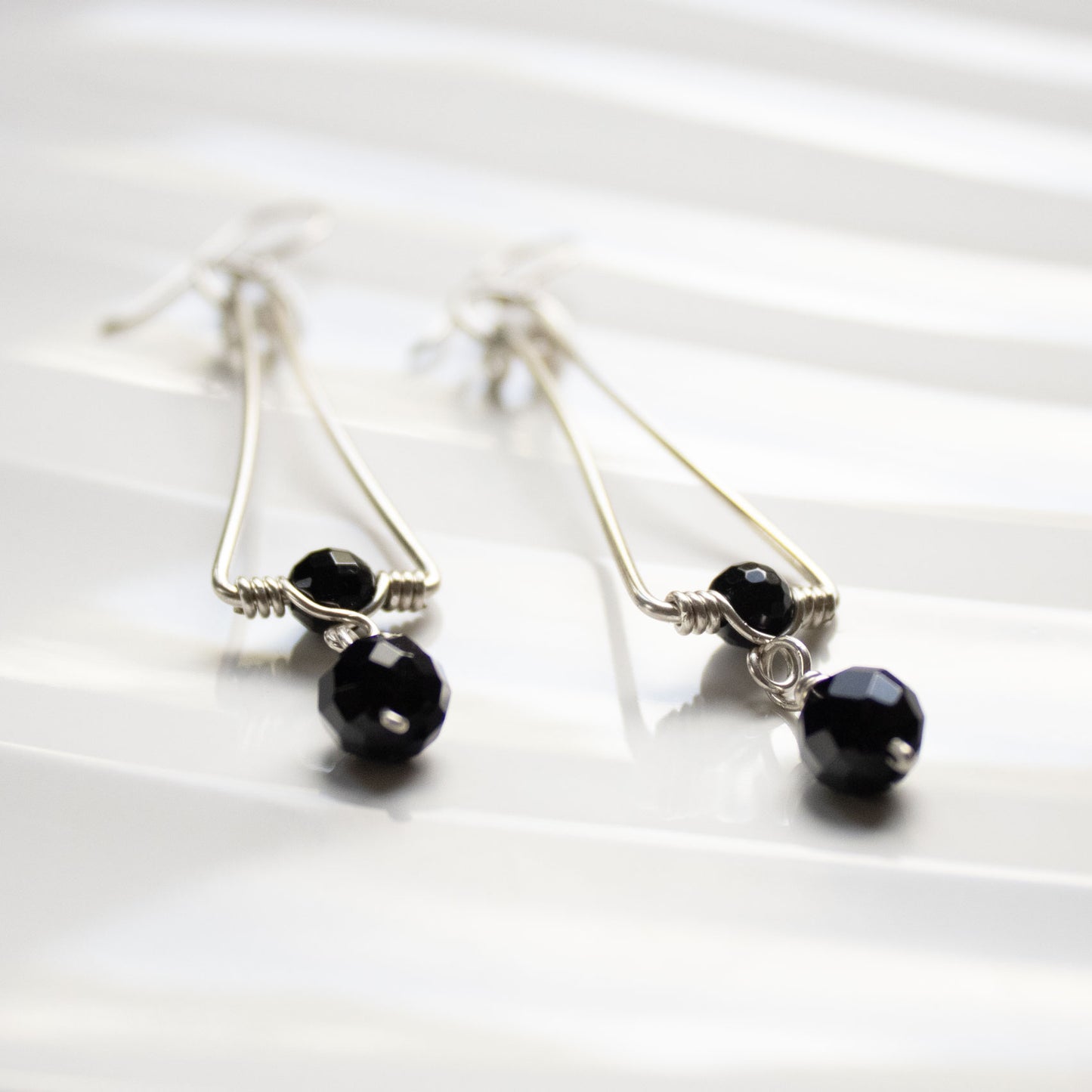 Geometric Long Earrings with Black Onyx | Sterling Silver