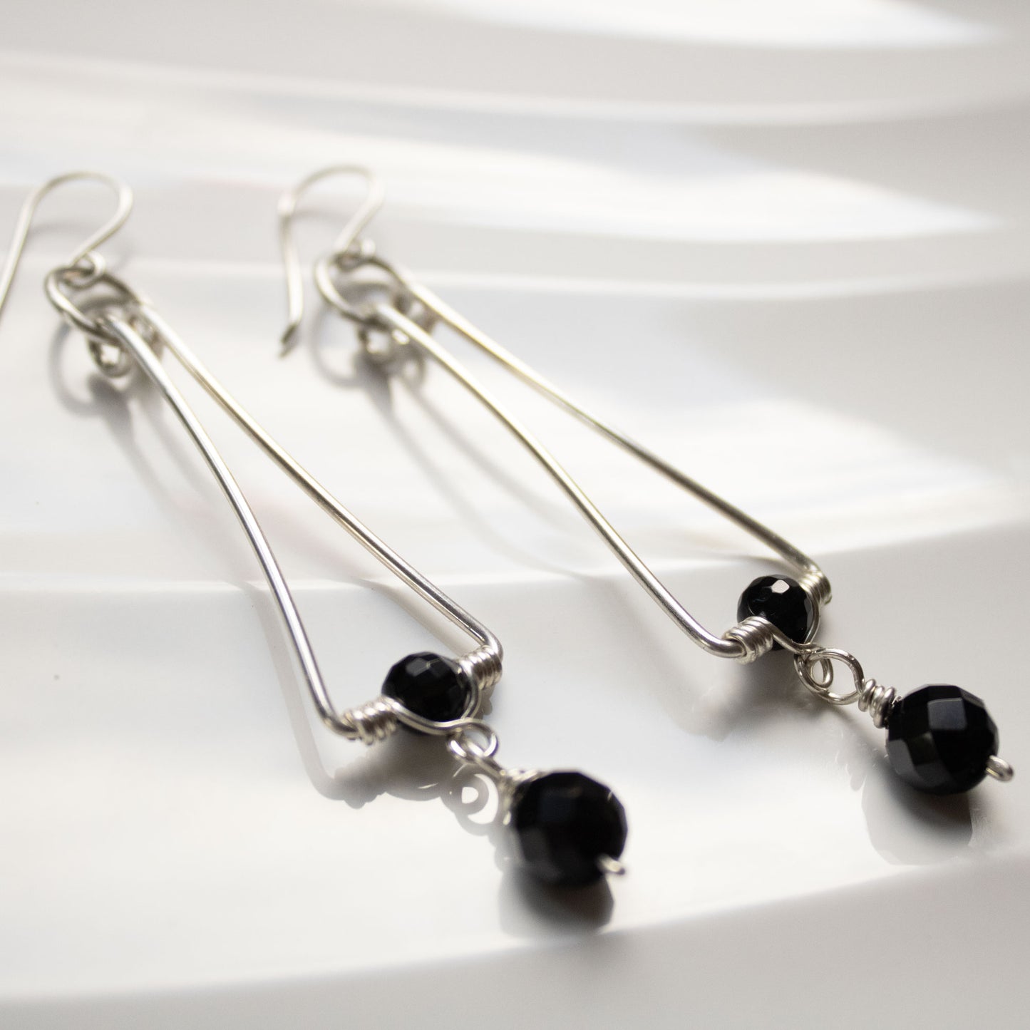 Geometric Long Earrings with Black Onyx | Sterling Silver