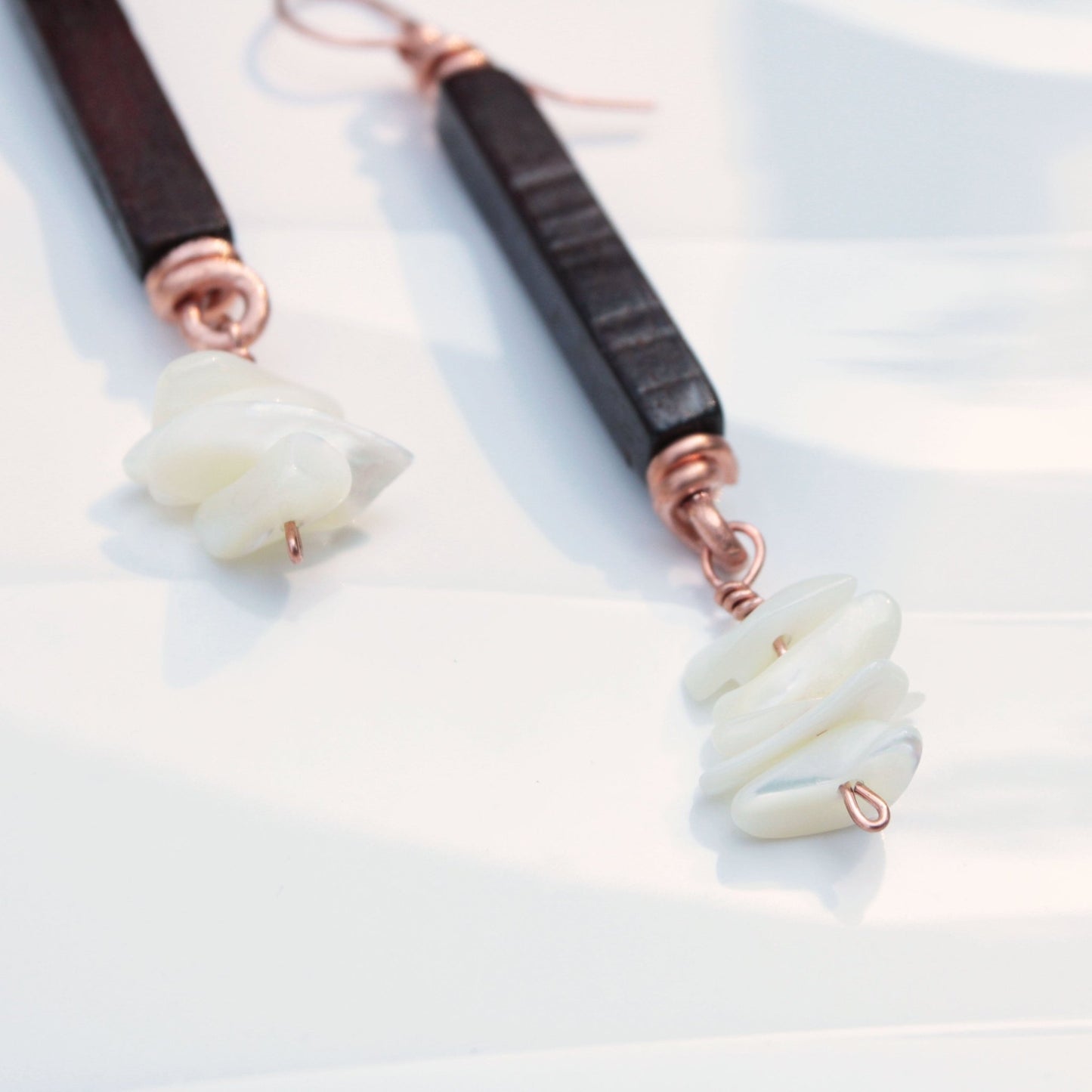 Woodland Drift | Mahogany & Mother of Pearl Copper Earrings | Summer Special - Carrie Foscato Design