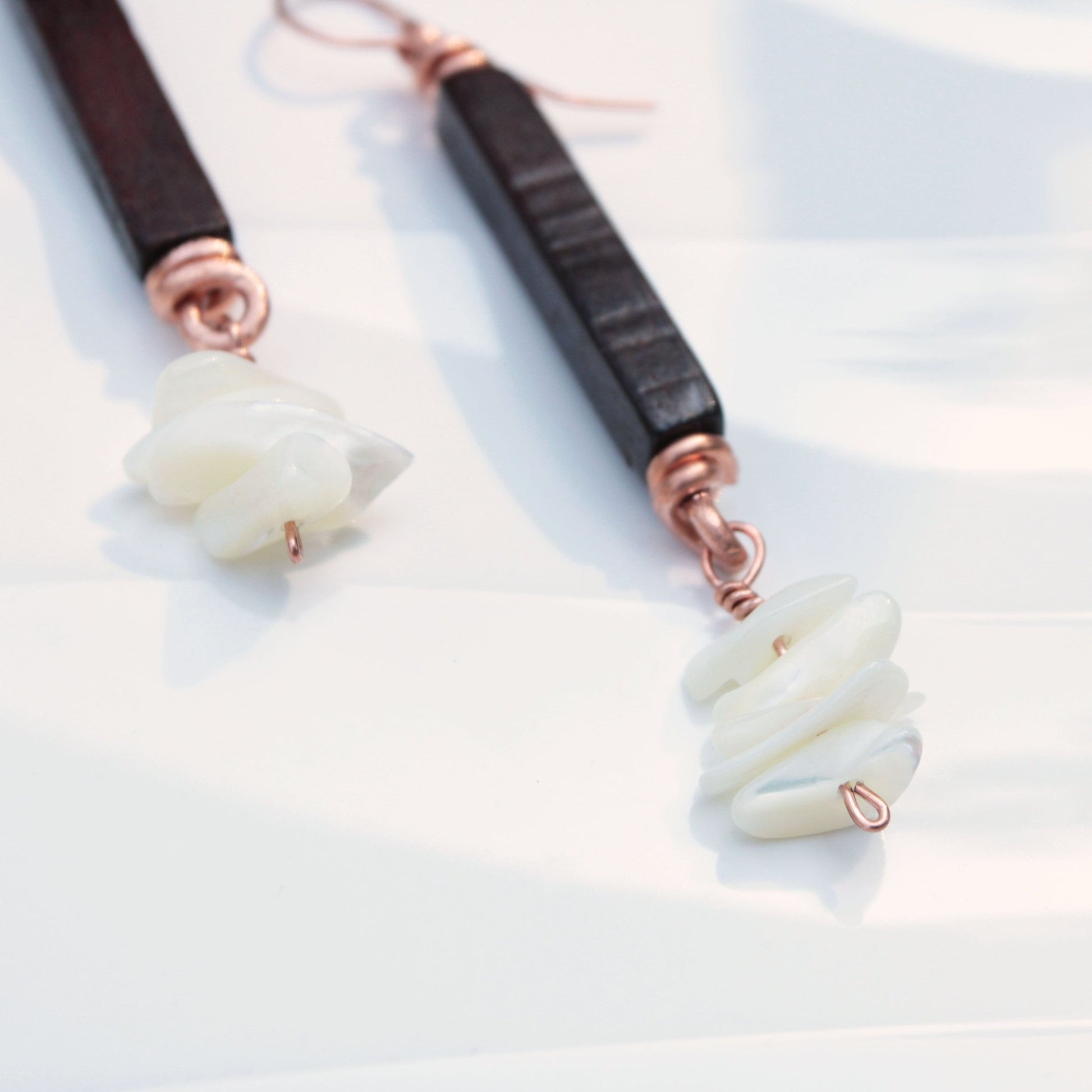 Woodland Drift | Mahogany & Mother of Pearl Copper Earrings | Summer Special - Carrie Foscato Design