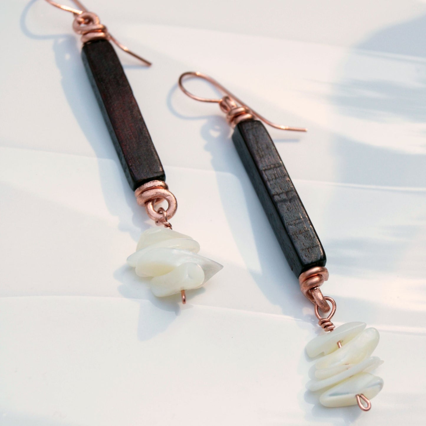 Woodland Drift | Mahogany & Mother of Pearl Copper Earrings | Summer Special - Carrie Foscato Design
