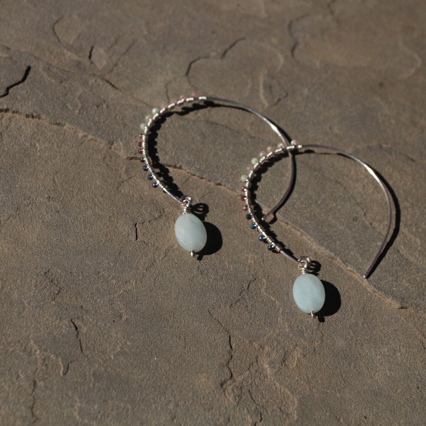 One-of-a-Kind Sterling Silver Hoop Earrings with Aquamarine, Lapis & Garnet – Handmade Wearable Art