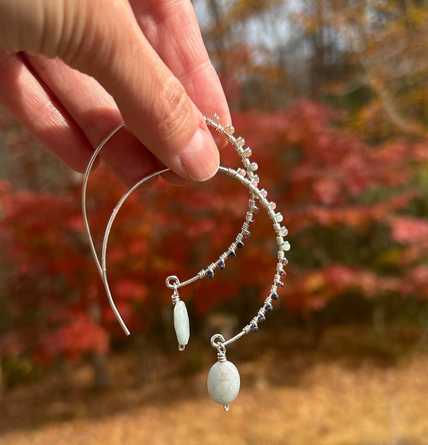 One-of-a-Kind Sterling Silver Hoop Earrings with Aquamarine, Lapis & Garnet – Handmade Wearable Art