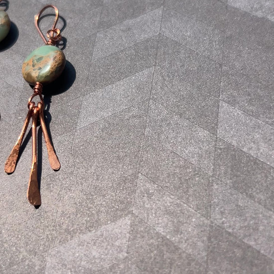 Handmade artisan hammered copper earrings afghan opal dangles overhead