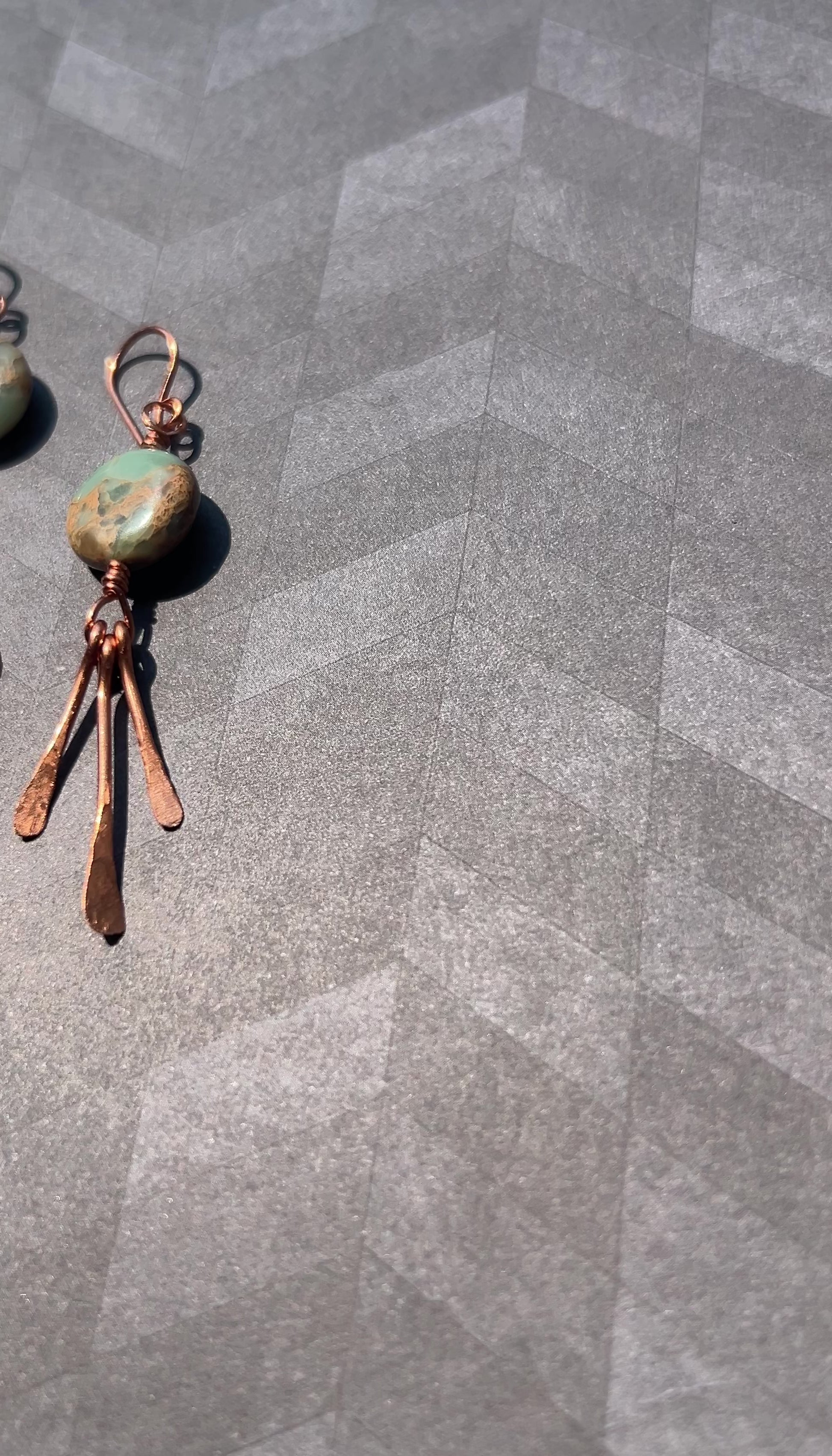 Handmade artisan hammered copper earrings afghan opal dangles overhead