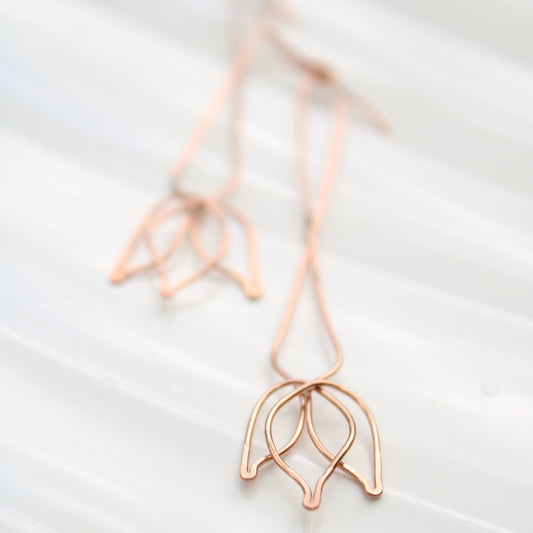 stunning 3.75" tulip inspired copper dangle earrings. handmade in USA carrie foscato design