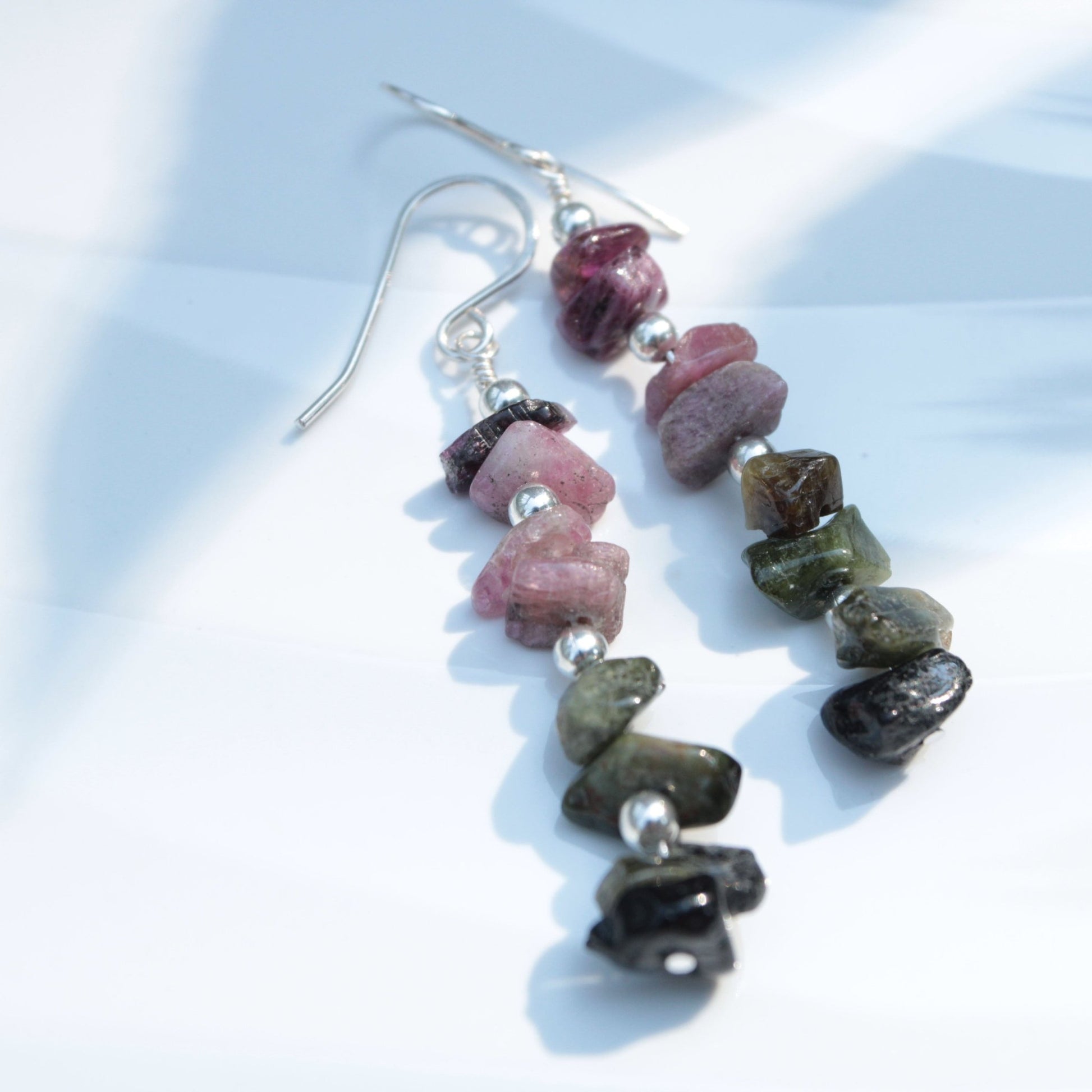 Tourmaline chip bead ombré drop earrings in sterling silver with French ear wires. Hand made in USA Carrie Foscato design