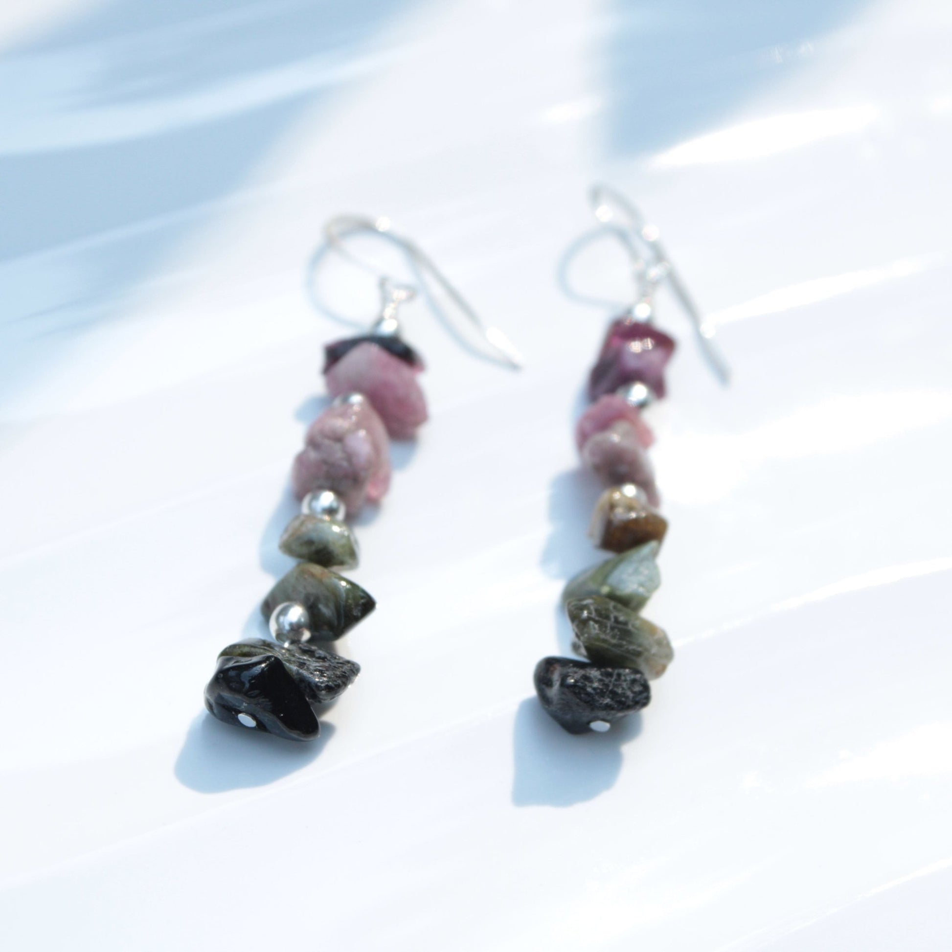 Tourmaline chip bead ombré drop earrings in sterling silver with French ear wires. Hand made in USA Carrie Foscato design