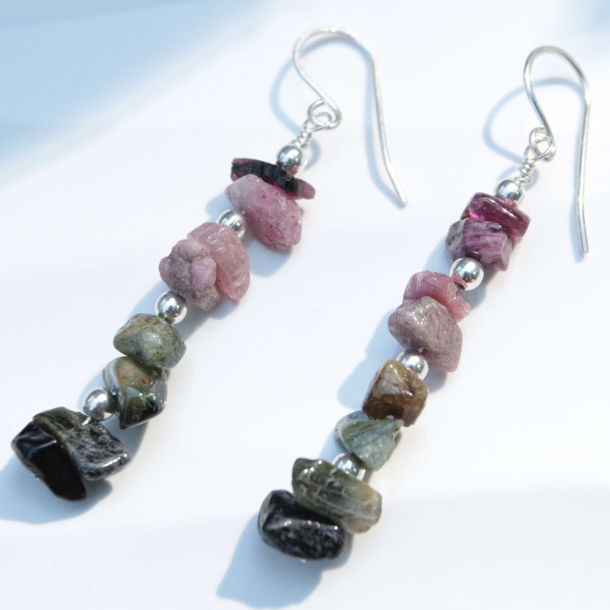 Tourmaline chip bead ombré drop earrings in sterling silver with French ear wires. Hand made in USA Carrie Foscato design