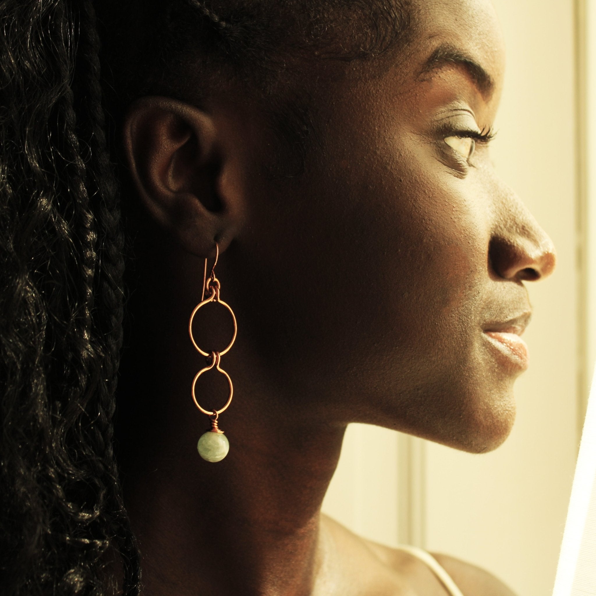 triple hoop aquamarine copper wire earrings handmade in USA carrie foscato design
