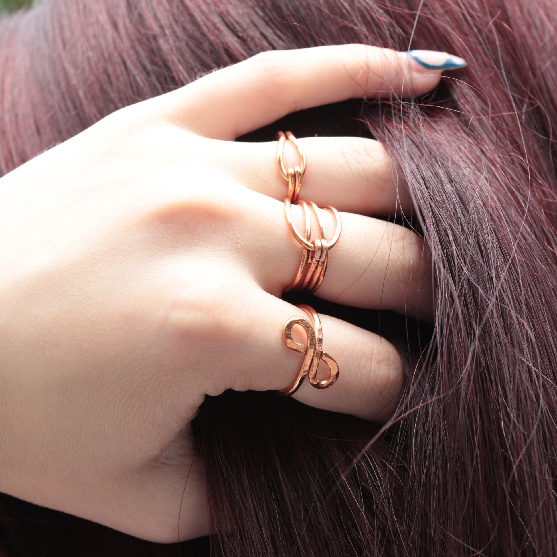 handmade twin teardrop hammered copper adjustable ring made in USA carrie foscato design